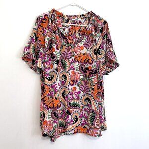 CYNTHIA ROWLEY Plus Size White Orange Purple Paisley Boho Short Sleeve Blouse 3X